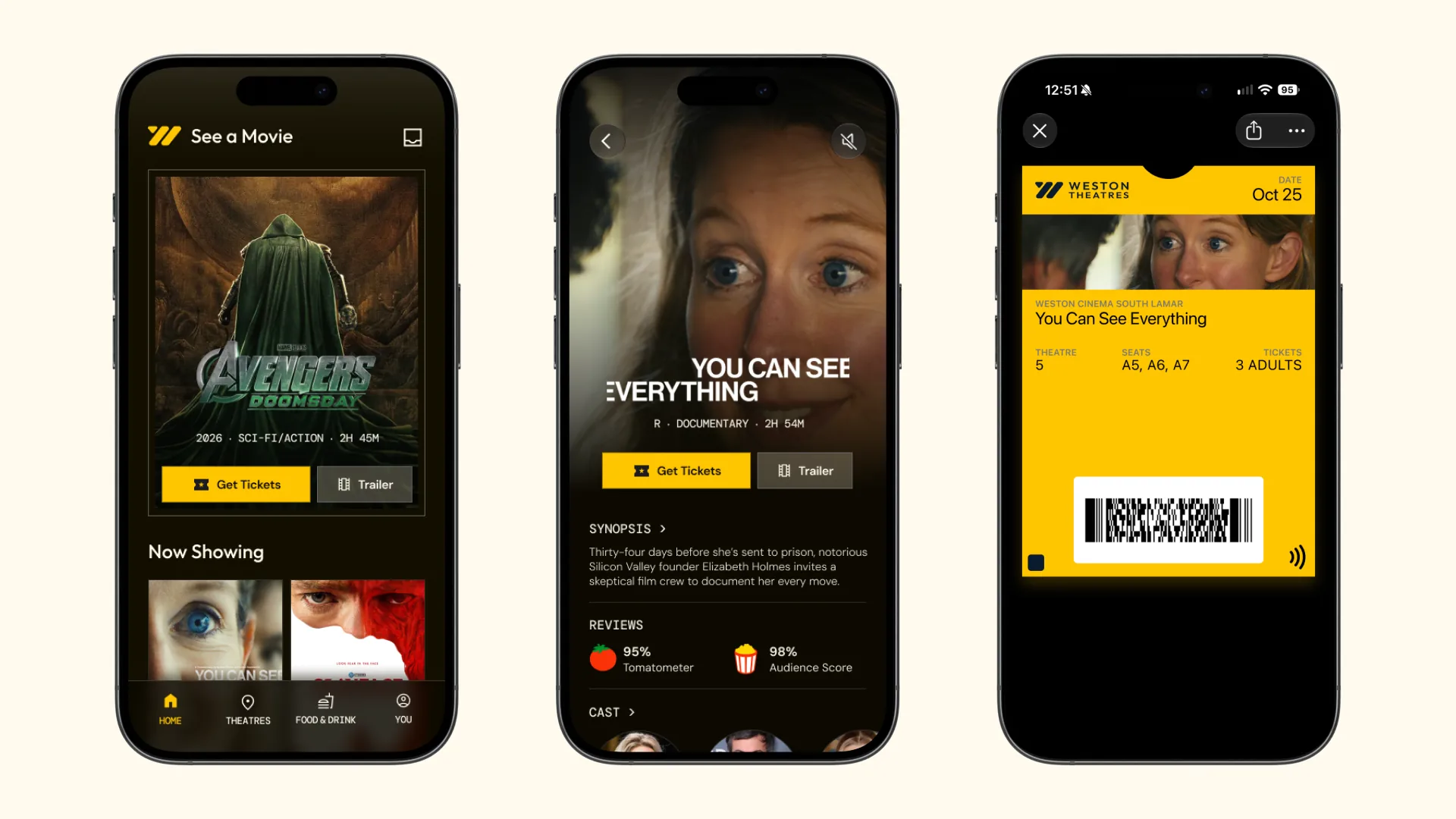 Three phones showing the Weston app home screen, a movie detail page, and a ticket in the wallet
